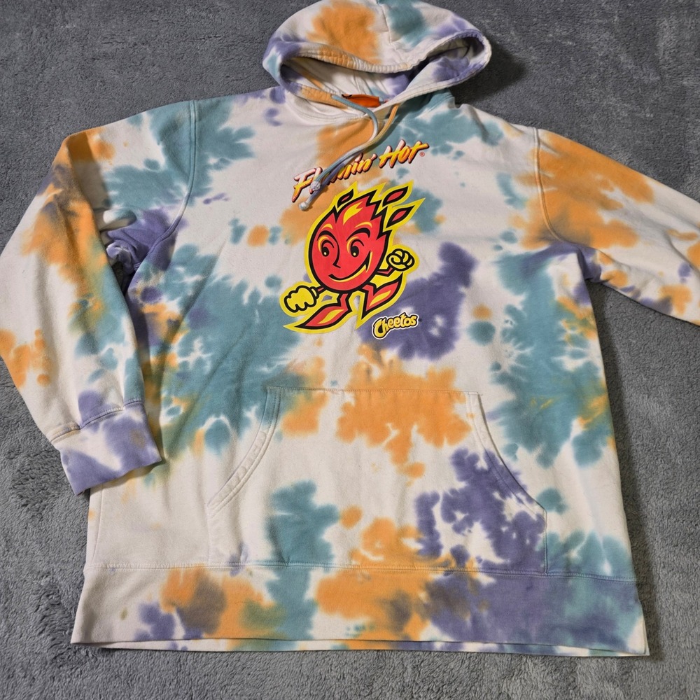 Cheetos Mens XL Hoodie Multicolor Flamin Hot Tie Dye Graphic Pullover Pocket